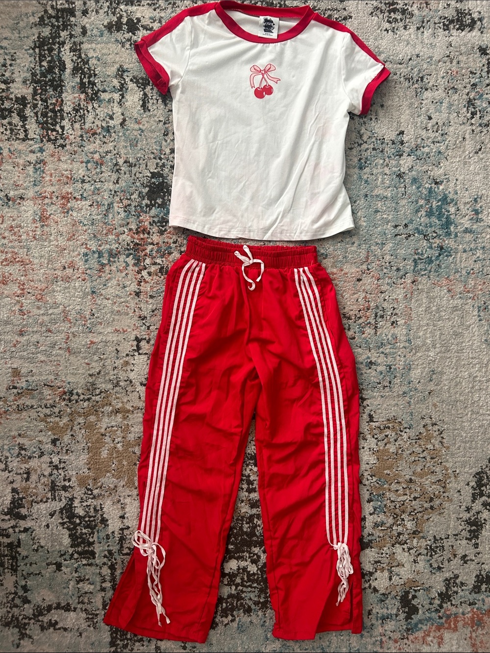 White & Red Cherry Ringer Tee with Red Track Pants